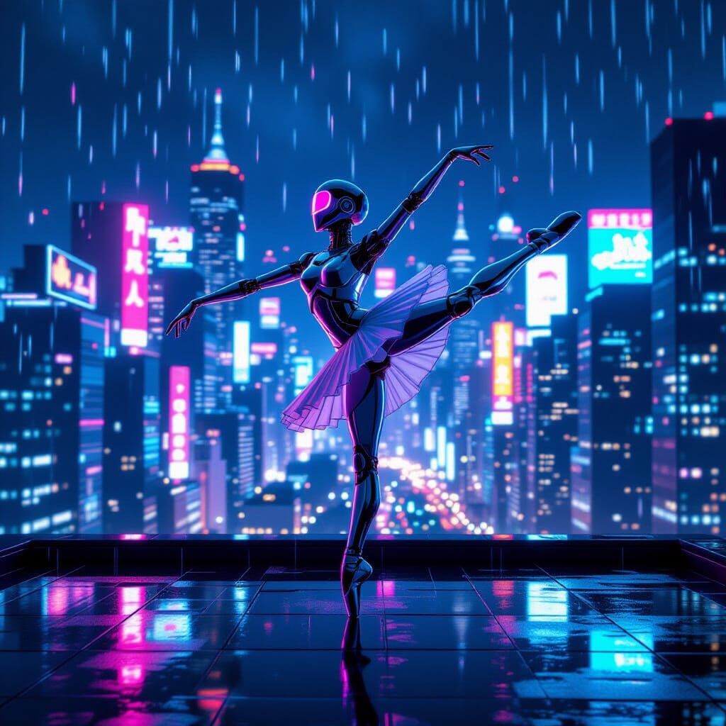 Chrome Dancer on Cyberpunk Rooftop at Night