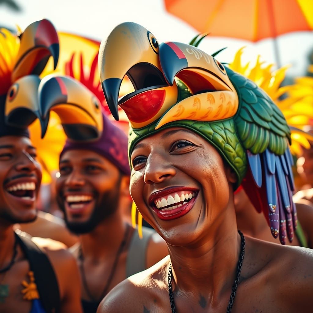 Vibrant Carnival Revelers with Colourful Bird Masks