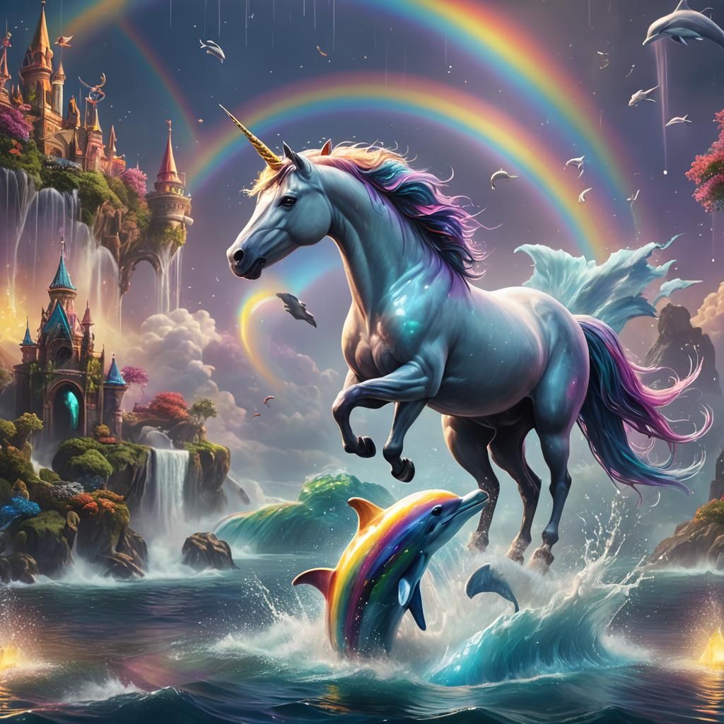 Unicorn and Dolphin in a Rainbow Fantasy