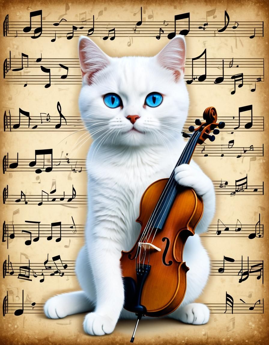 Cute Cat Plays Fiddle with Musical Notes