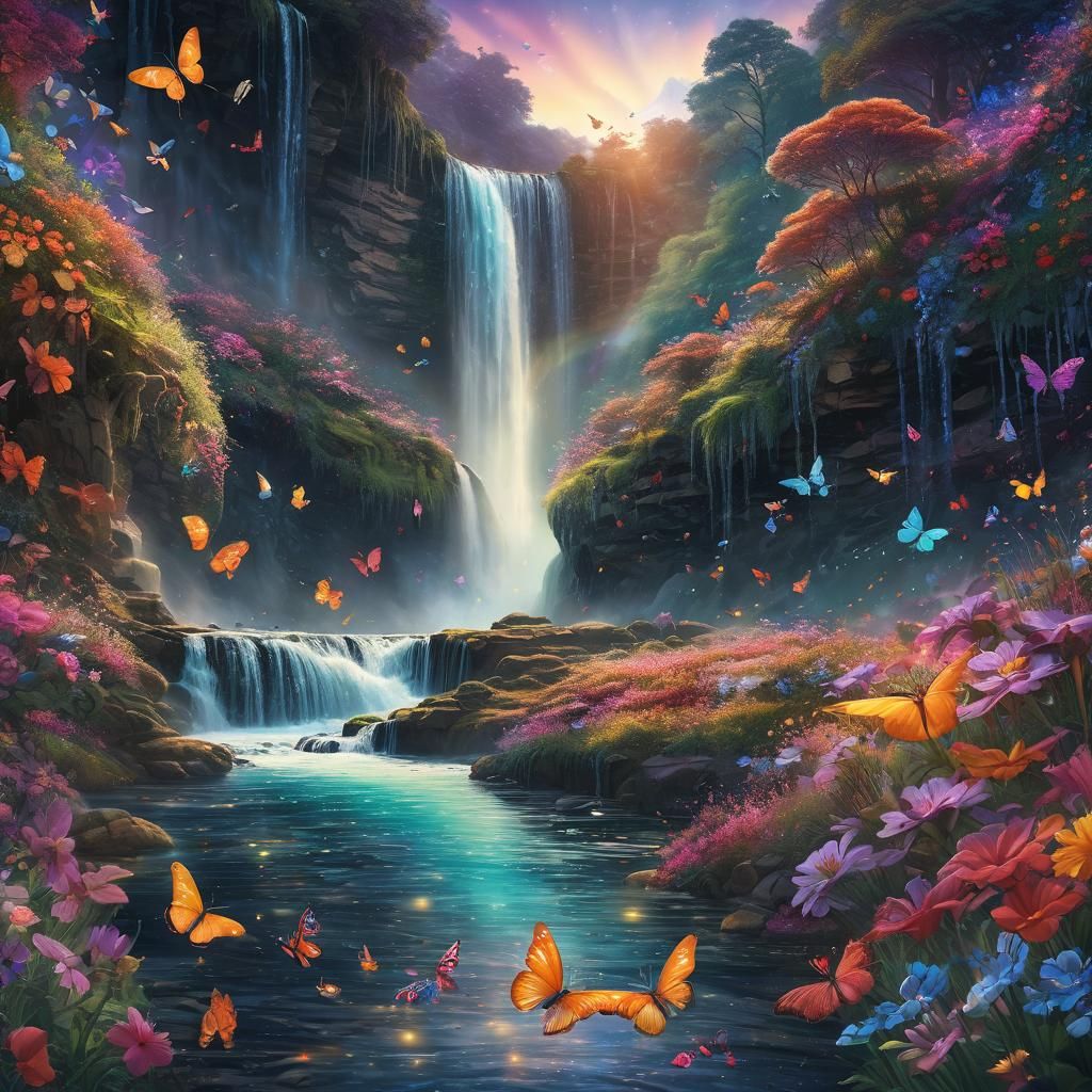 Cosmic Waterfall with Butterflies: Surreal Illustration