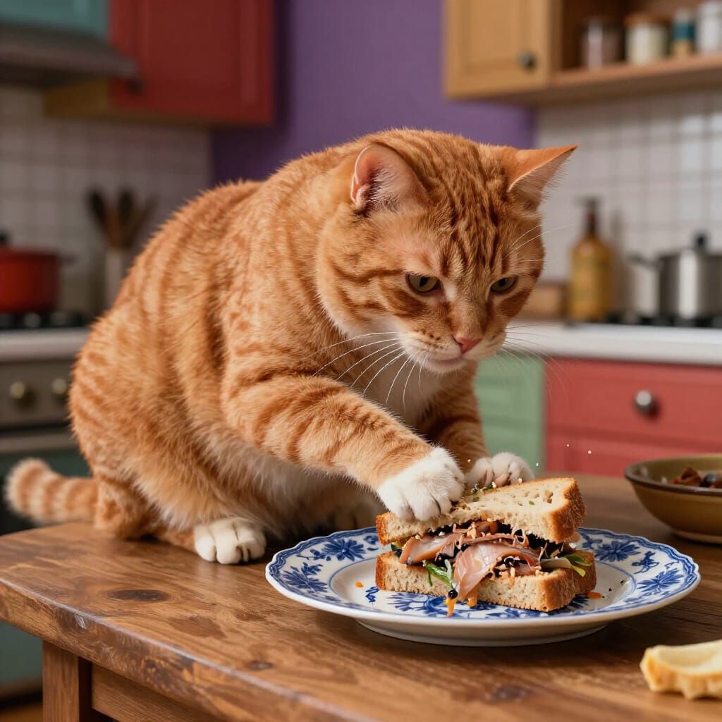Ginger Cat Steals Tuna Sandwich on Blue Plate