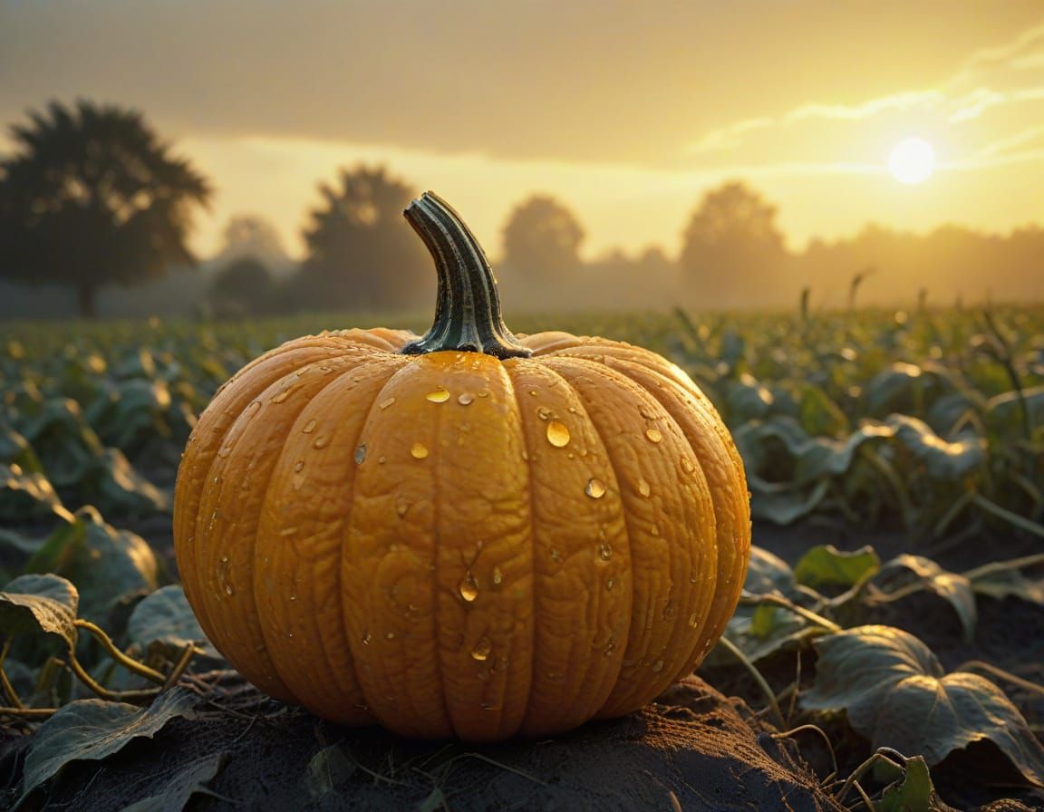 Orange Pumpkin in Field Under Yellow Skies, Hyperrealistic