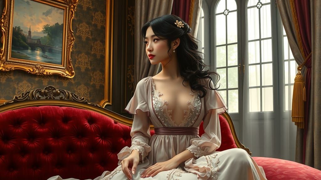 Elegant Asian Woman on Antique Chaise Lounge in Classical Se...