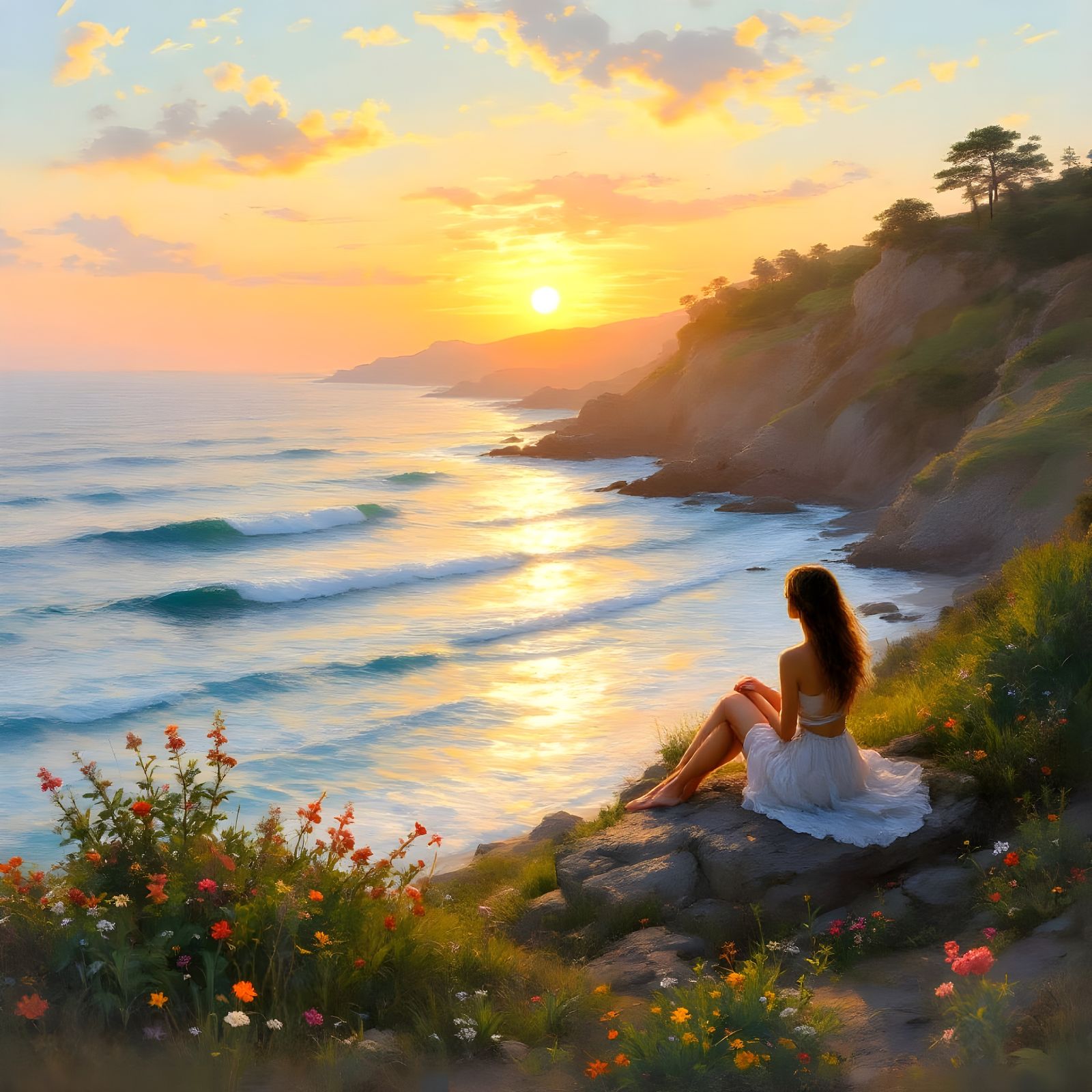Woman Contemplates Peaceful Ocean Landscape at Sunset