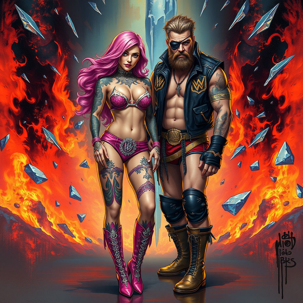 Fiery Graffiti Art: Pink-Haired Woman and Wrestler