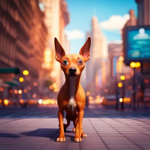 Brown Pincher Dog Eating in City: 3D Digital Art