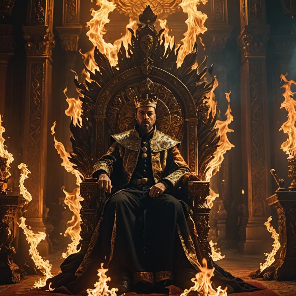 King on Fire Throne: Cinematic Film Still