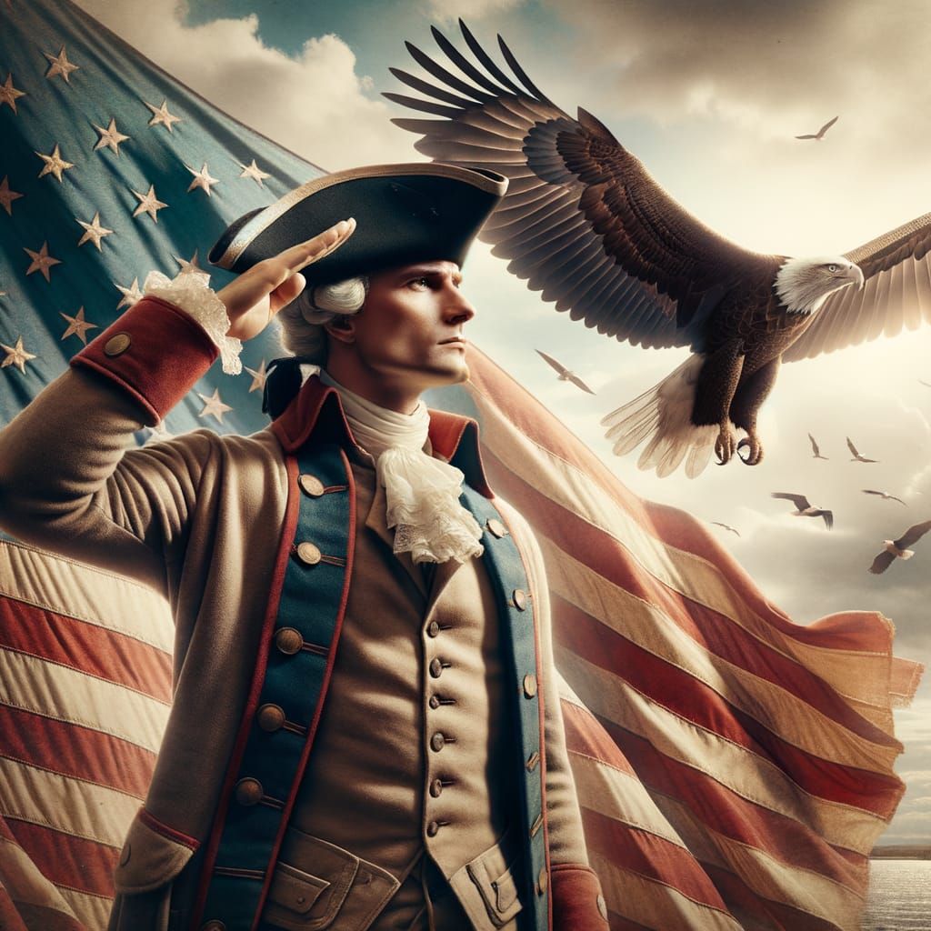 Colonial Figure Saluting Flag, Eagle in Sky