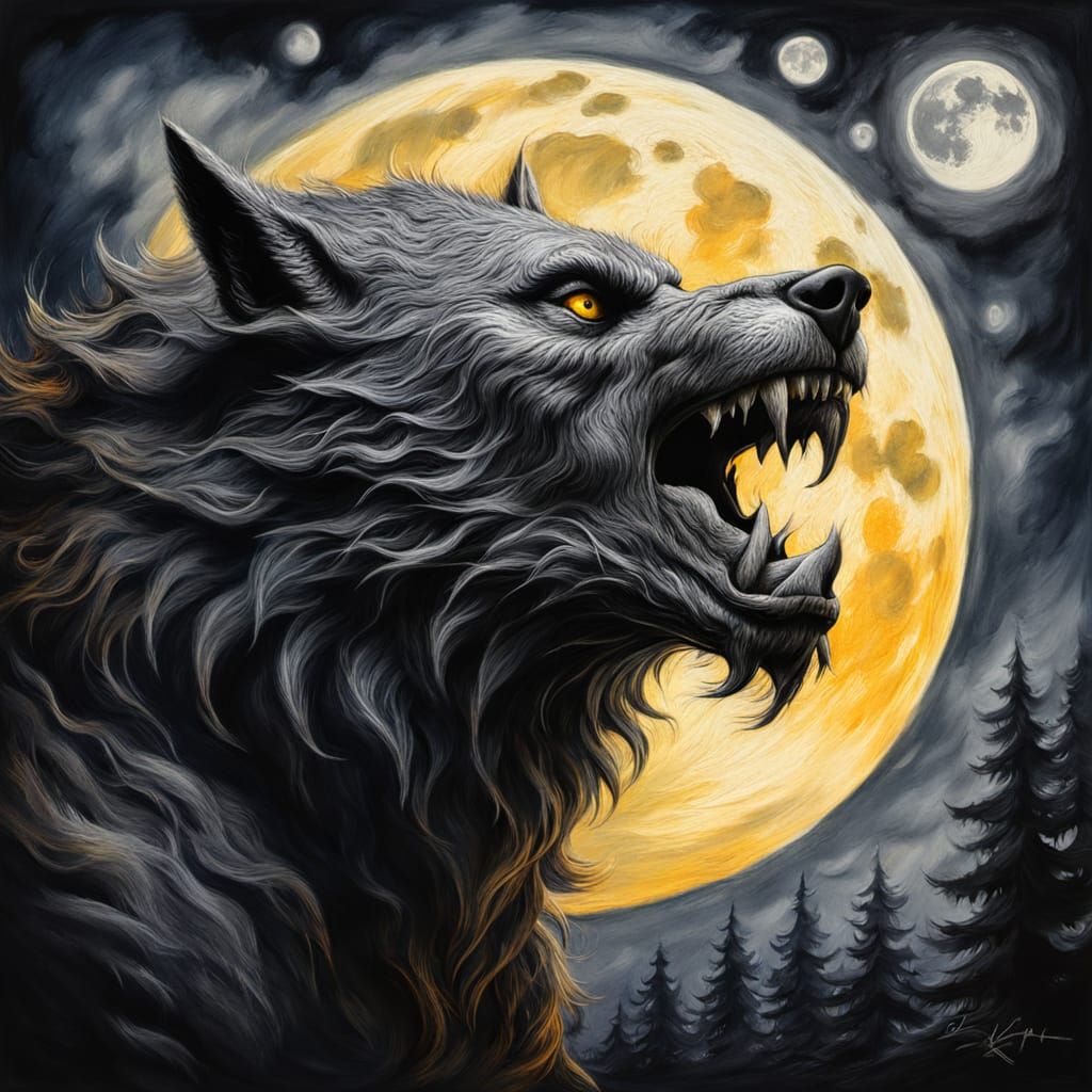 Werewolf Howling at Moon as Gouache Painting