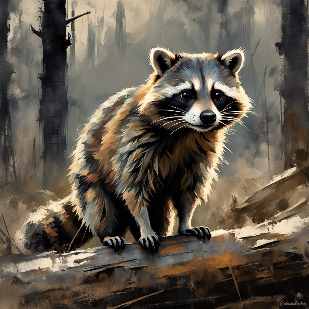 Cinematic Raccoon Portrait in Distressed Woodland Style