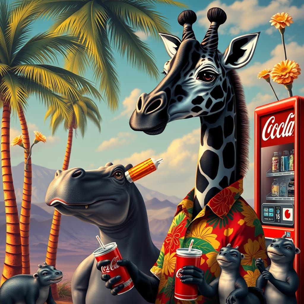 Surrealistic Black Giraffe in Dreamlike Landscape