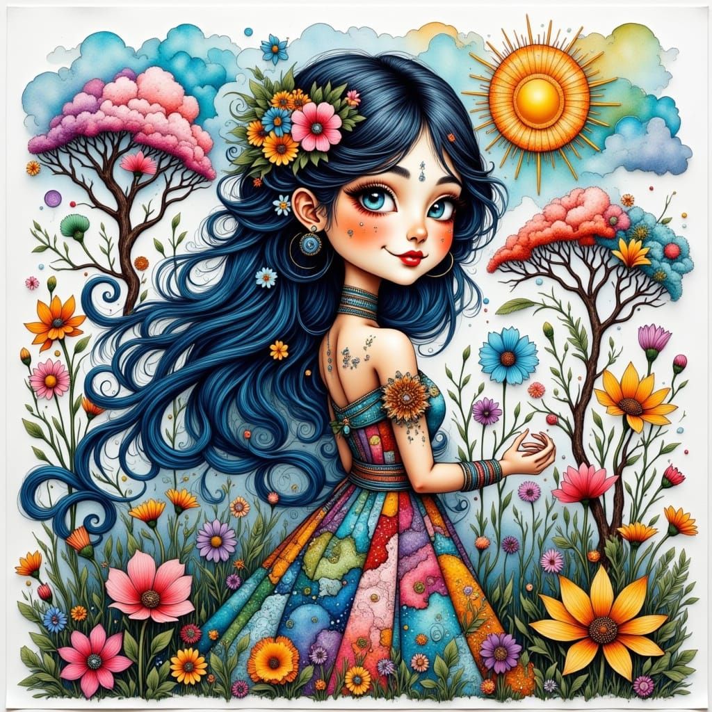 Whimsical Girl in Vibrant Garden