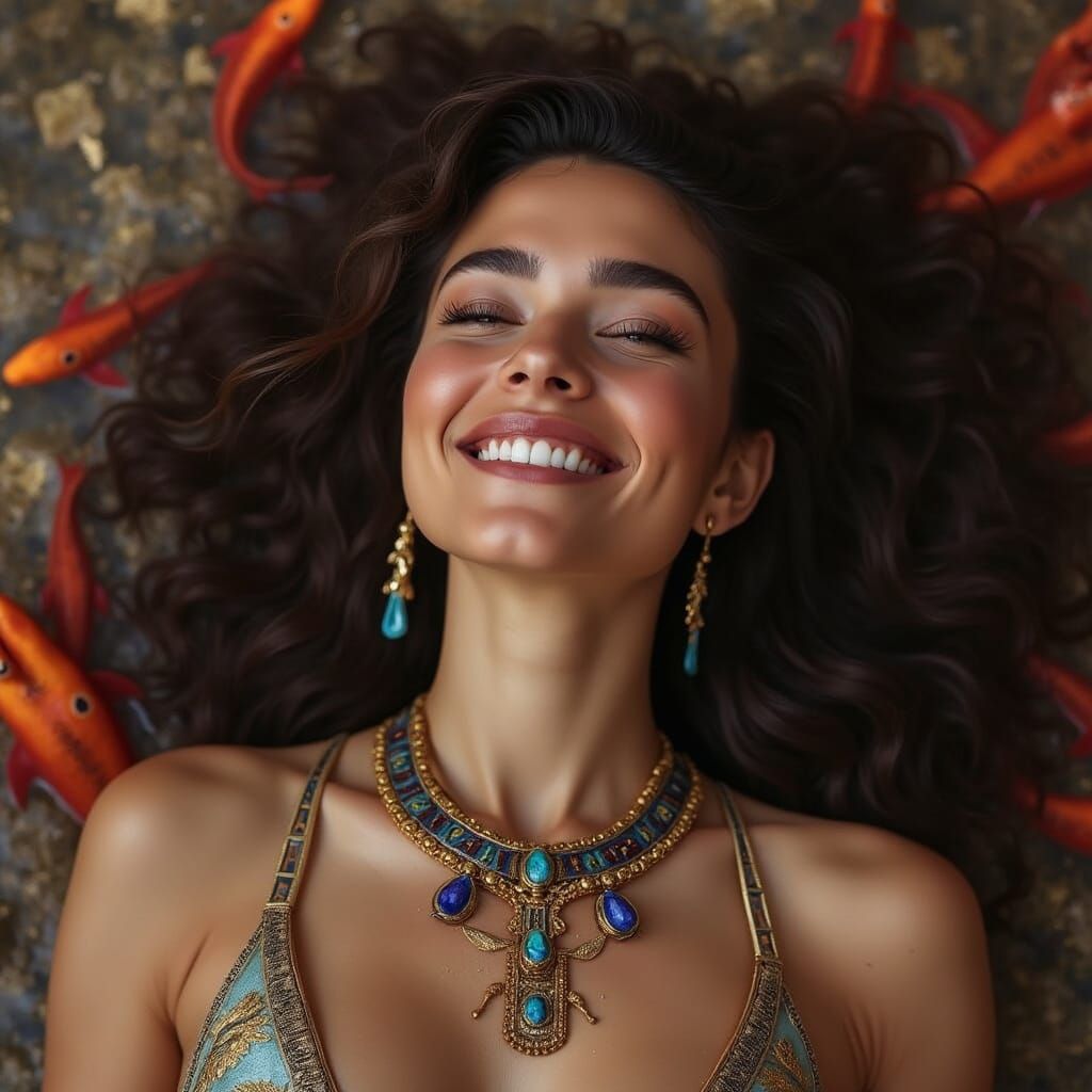 Egyptian Goddess Swimming in a Lush Pond