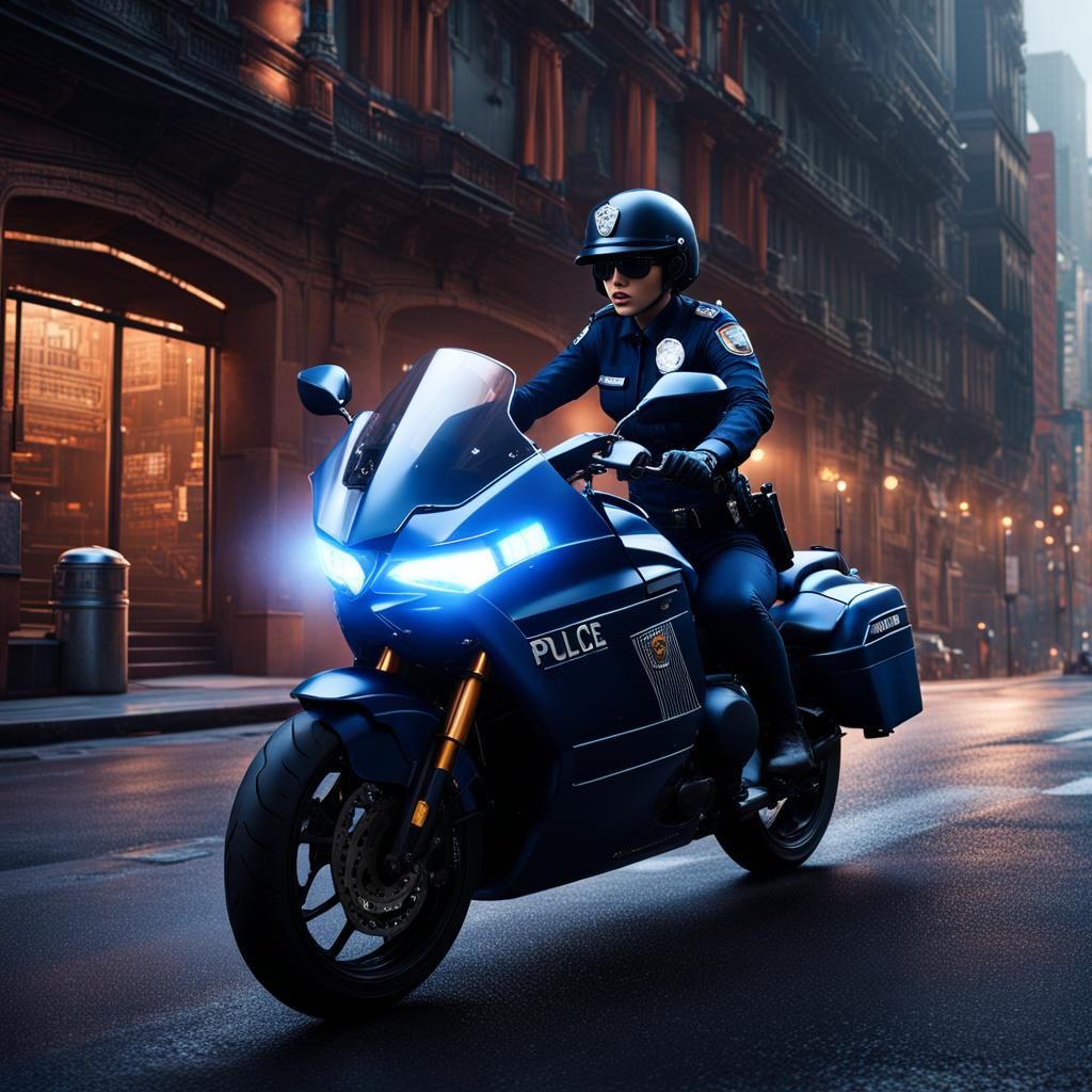 Female Police Officer on Motorcycle, Matte Painting