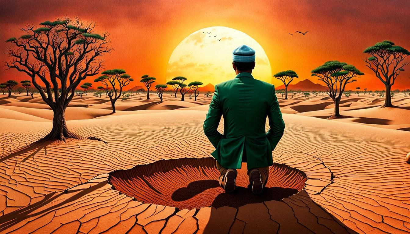 Surreal Desert Forest Drawing with Folklore Elements