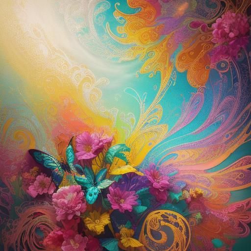 Ethereal Butterfly Oil Painting with Boho Flowers