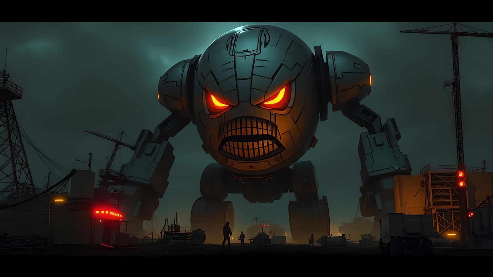 Giant Angry Robot in Dystopian Sci-Fi Landscape