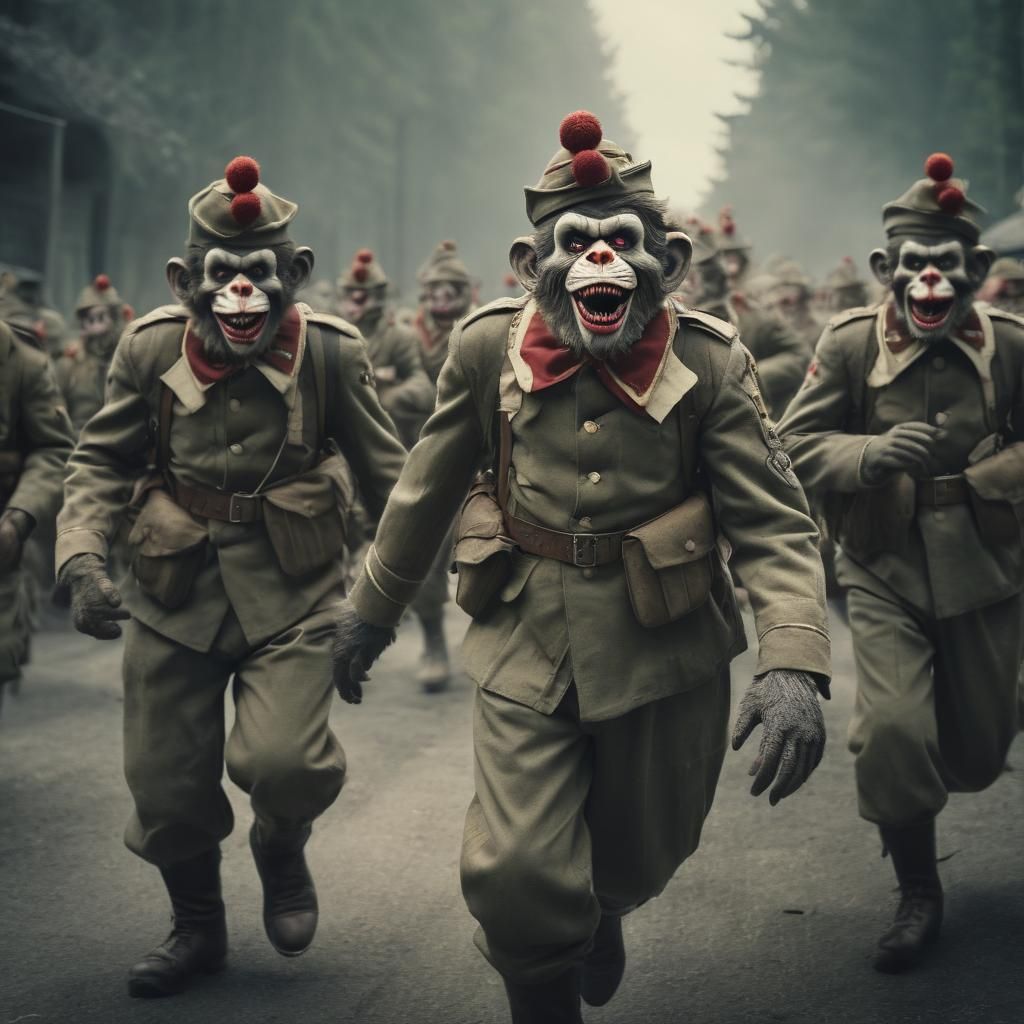 Zombie Monkey Clown Soldiers Marching in Formation