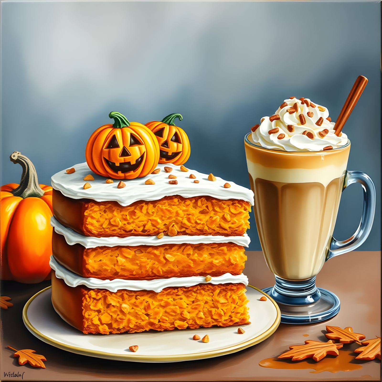 Pumpkin Cake with Latte in Gouache Style