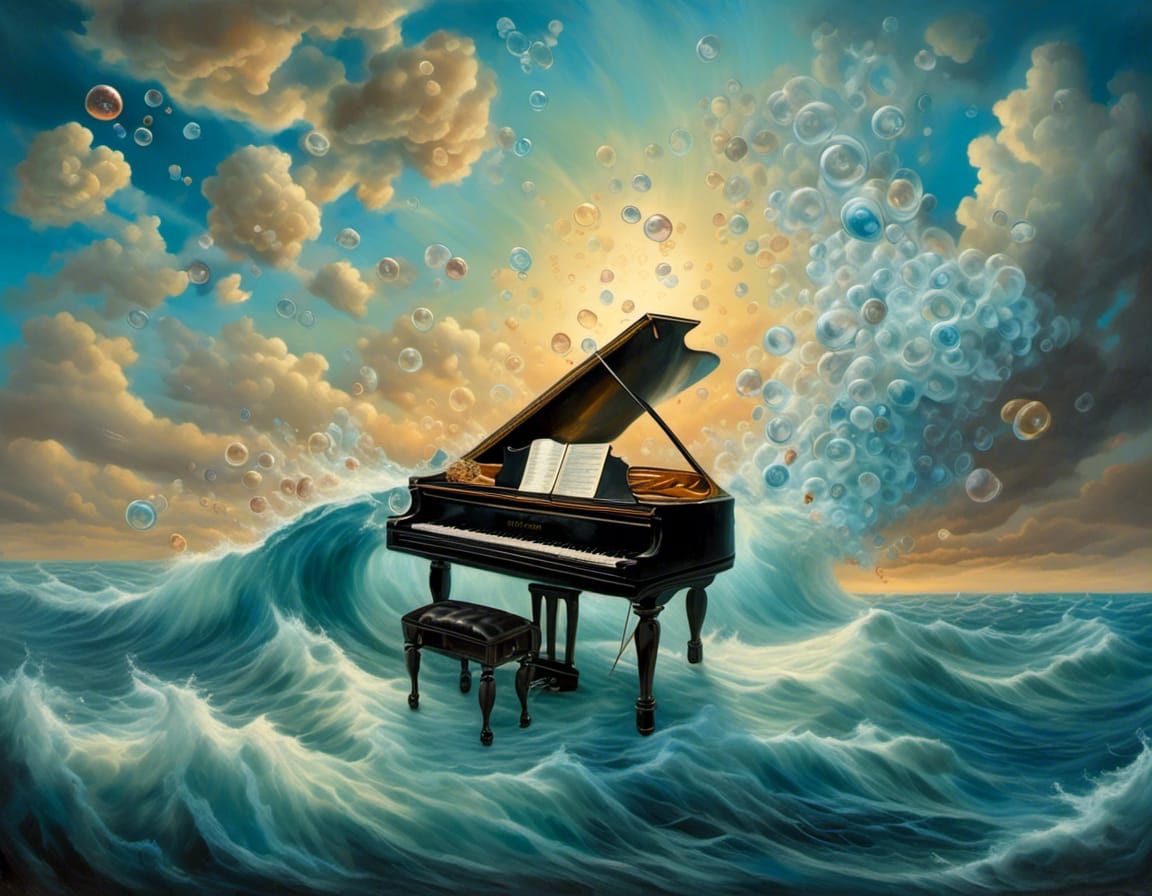 Surreal Piano on Stormy Waves, Oil Painting