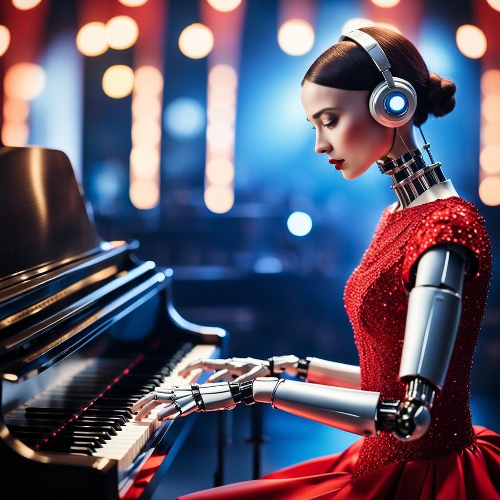 Female Robot Concert Pianist in Hyper-Realistic Style
