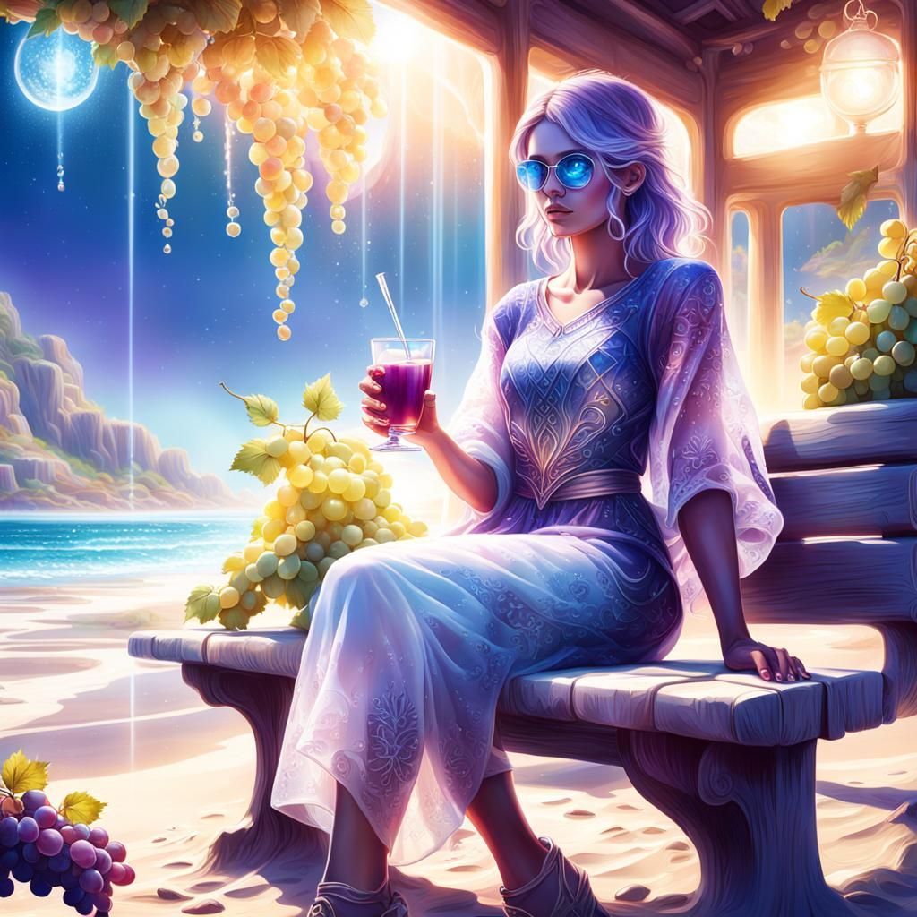 Girl on Beach Bench in Vibrant Fantasy Art