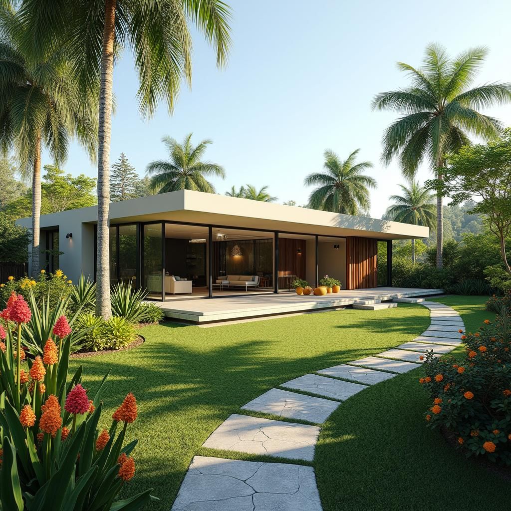 Modern House in Vibrant Tropical Landscape