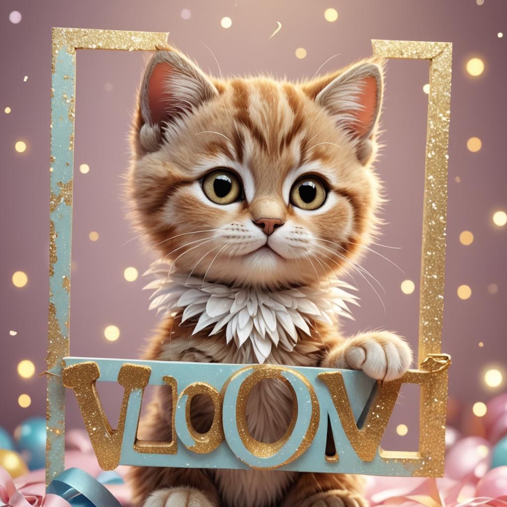 Baby Cat with I LOVE YOU Sign in 3D Whimsical Style