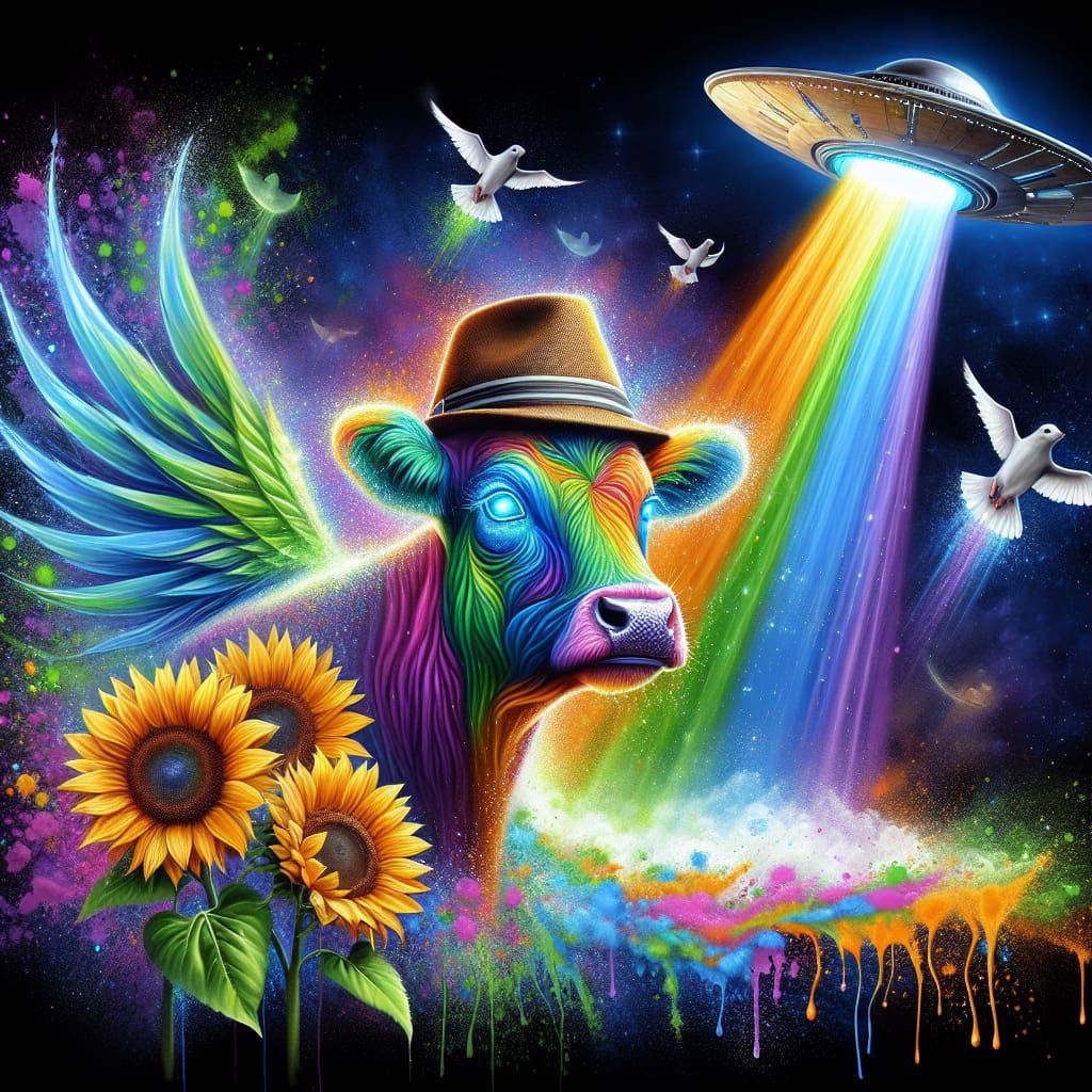 Rainbow Titanium Cow Abduction: Graffiti Street Art