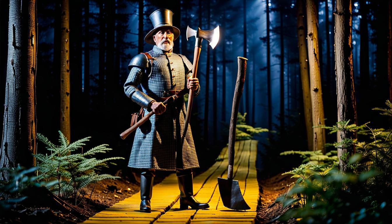 Aged Tin Woodsman Portrait in Dimly Lit Forest