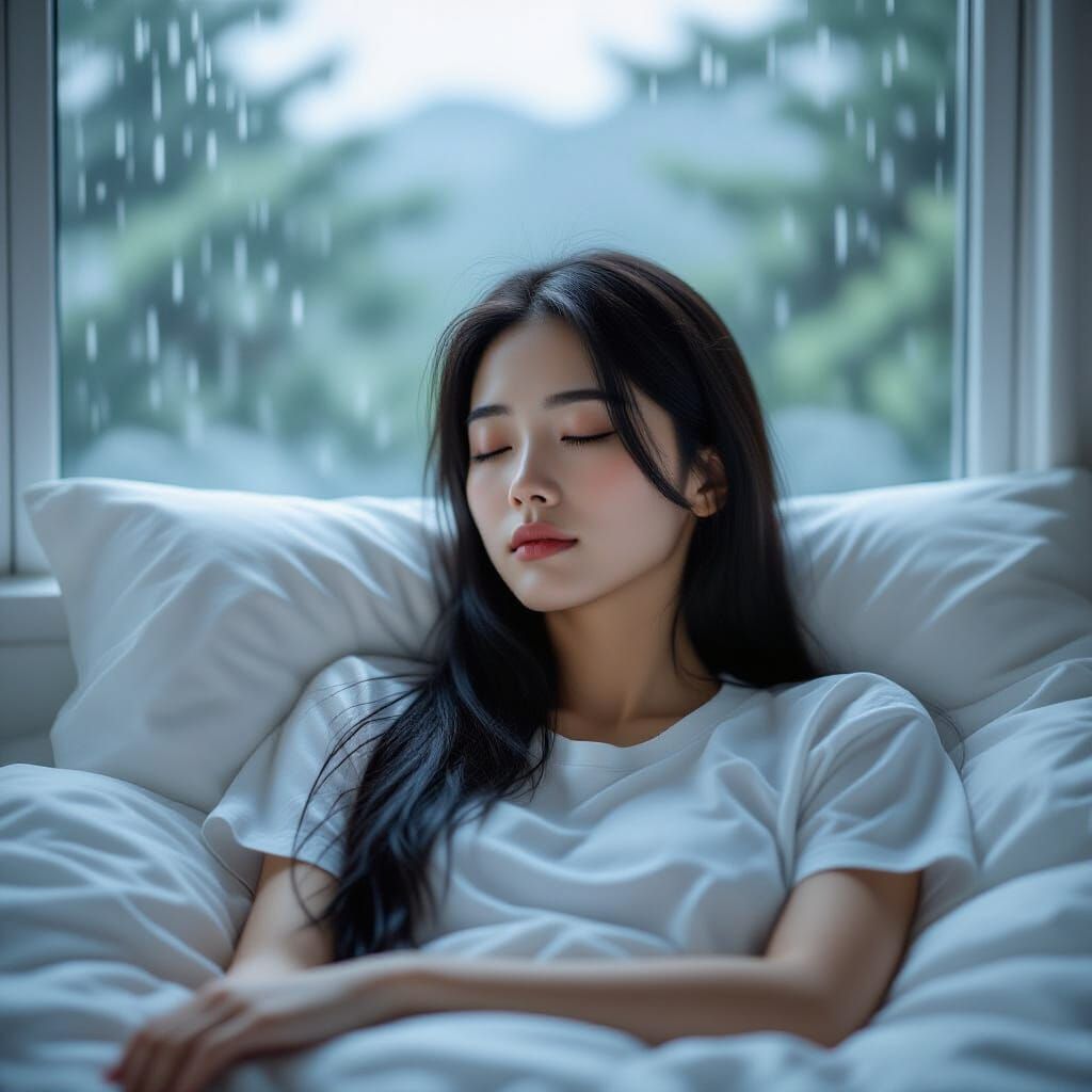 Young Woman Sleeps Peacefully During Rainy Night