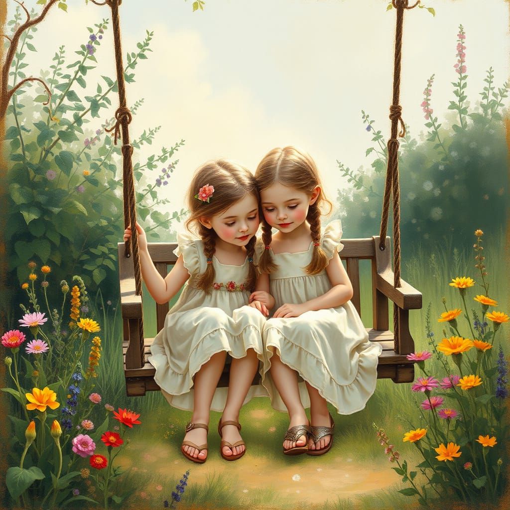 Whimsical Girls on a Vintage Swing, Gouache Art