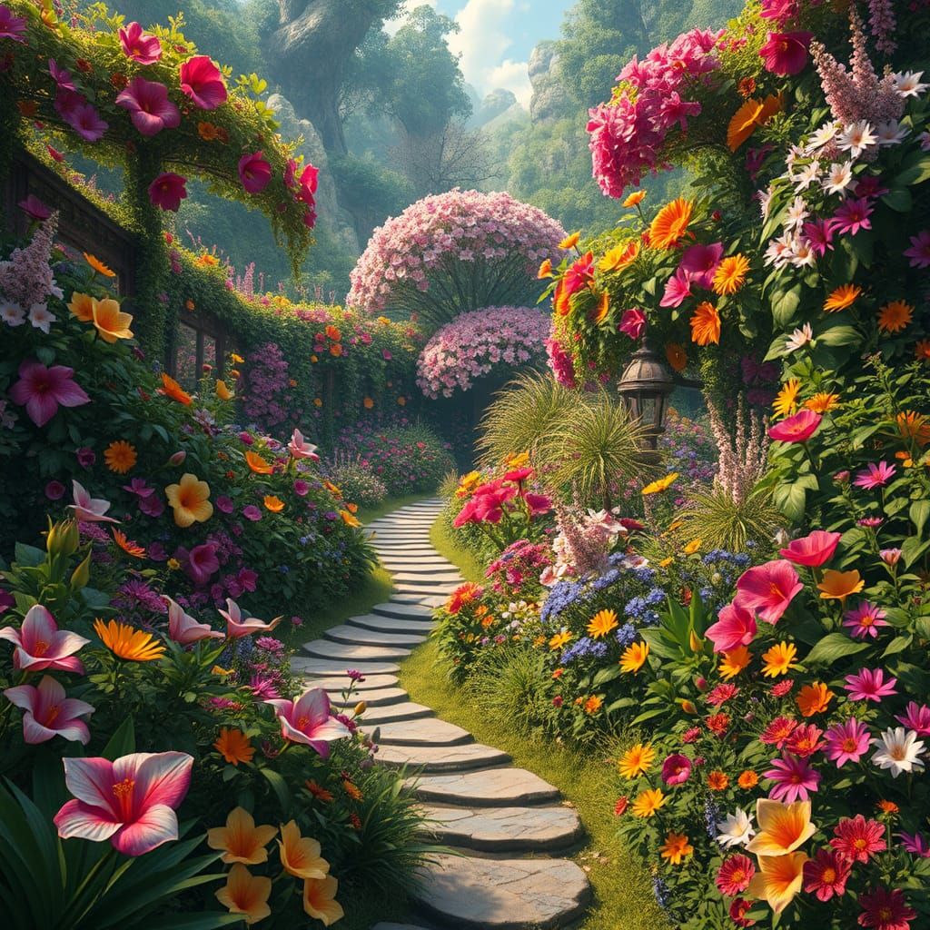 Lush Exotic Garden in a Fantasy Landscape