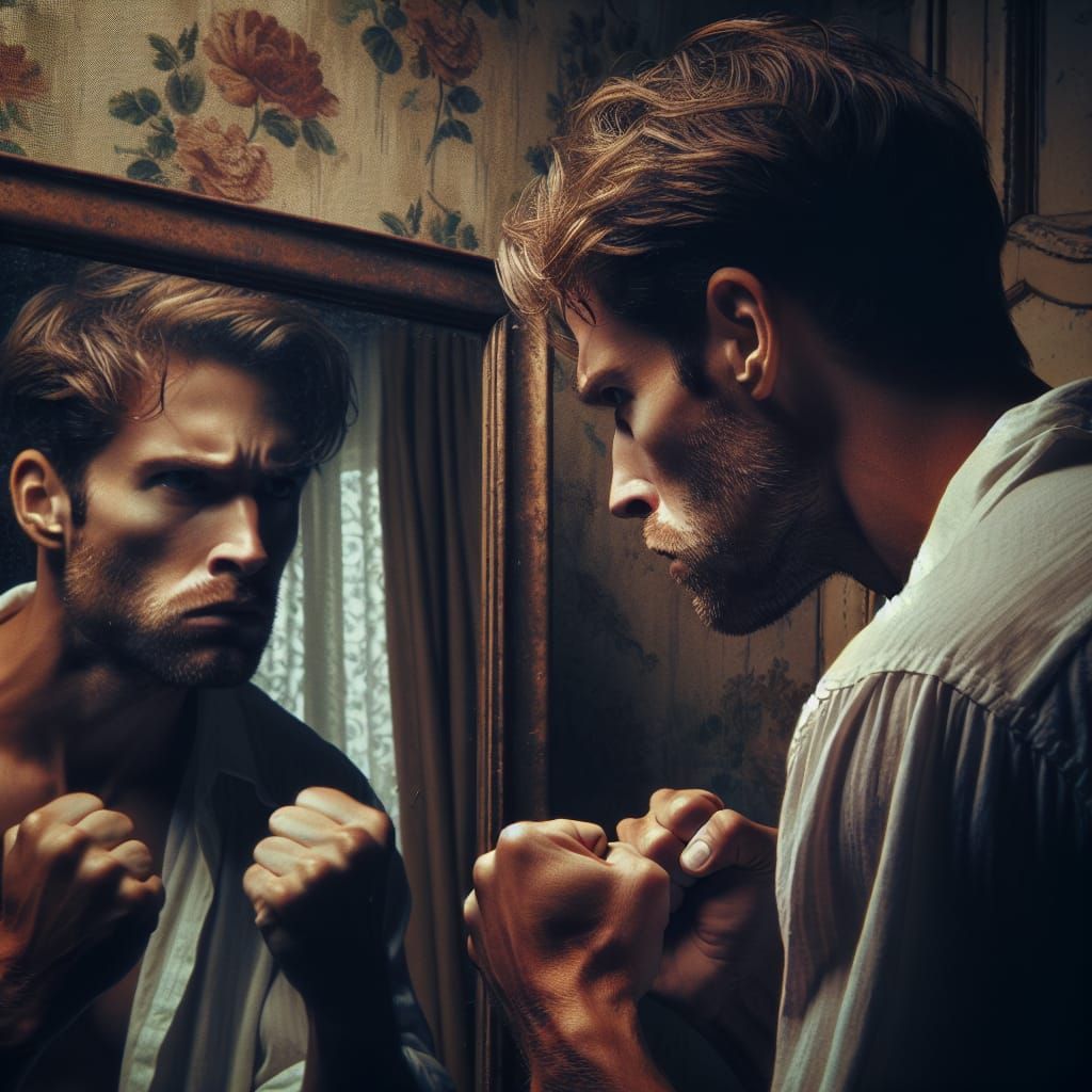 Man Confronts Reflection in Dramatic Lighting