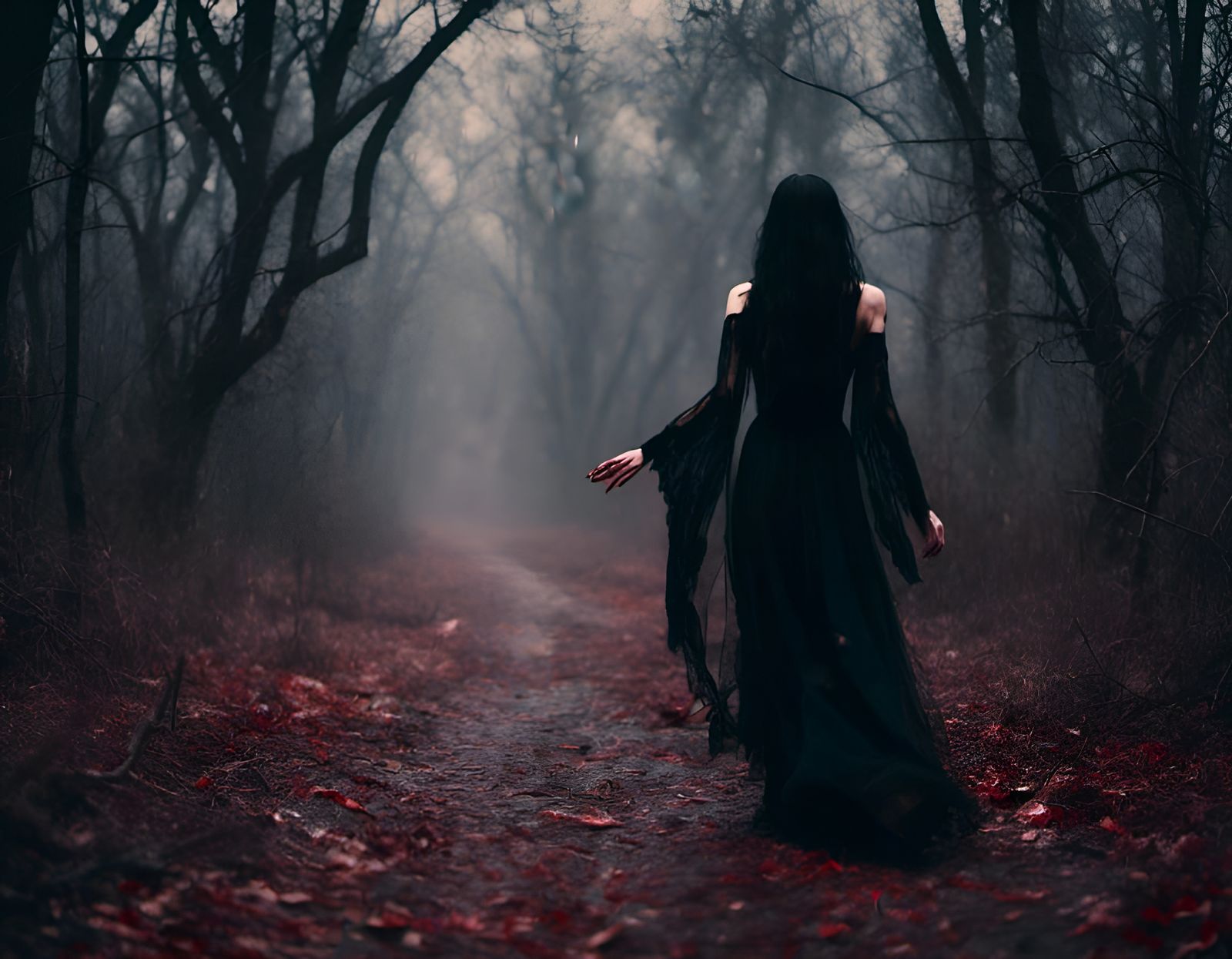 Mysterious Witch in Dark Woods Under Full Moon