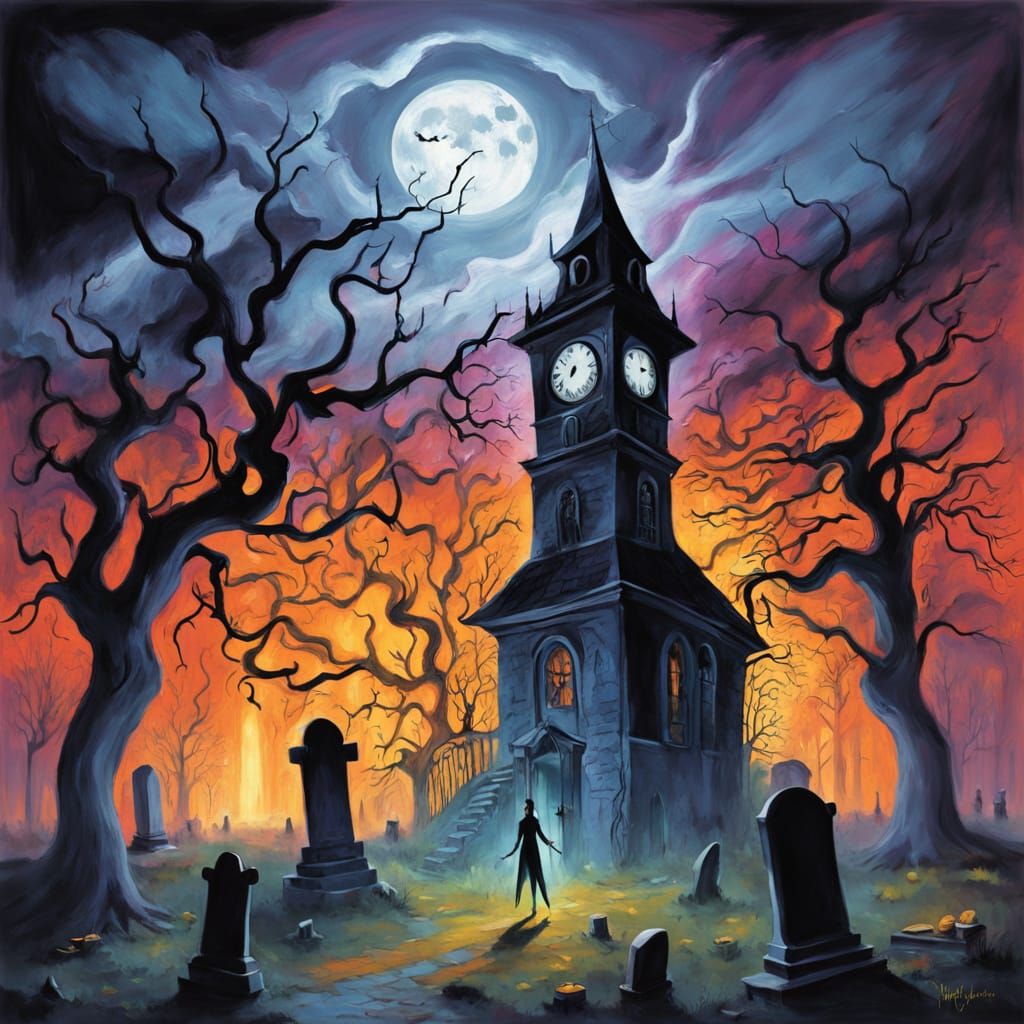 Haunted Clock Tower in Graveyard: Dark Fantasy Illustration