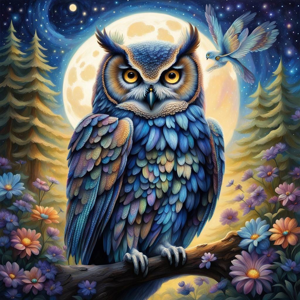 Mystical Dreamweaver Owl in Moonlit Meadow