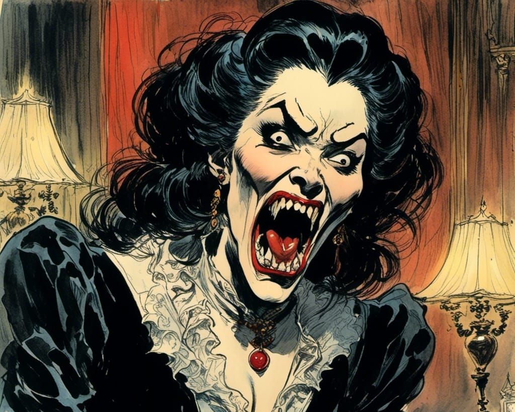Sinister Vampire Woman in Gothic Ballroom