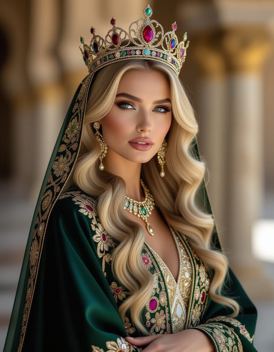 Regal Blonde Woman in Luxurious Abaya and Crown