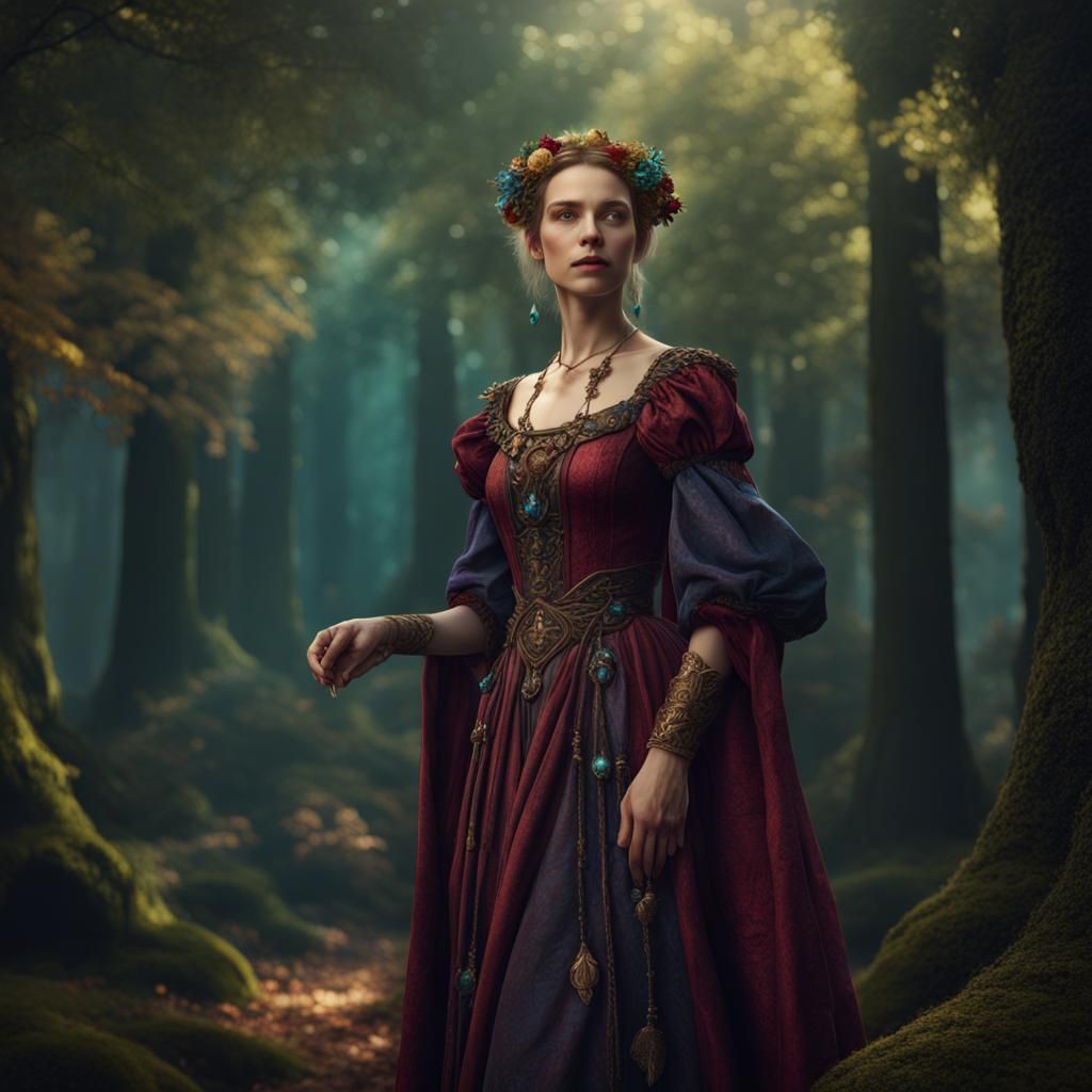 Renaissance Woman in Jewel Tones: Detailed Forest Painting