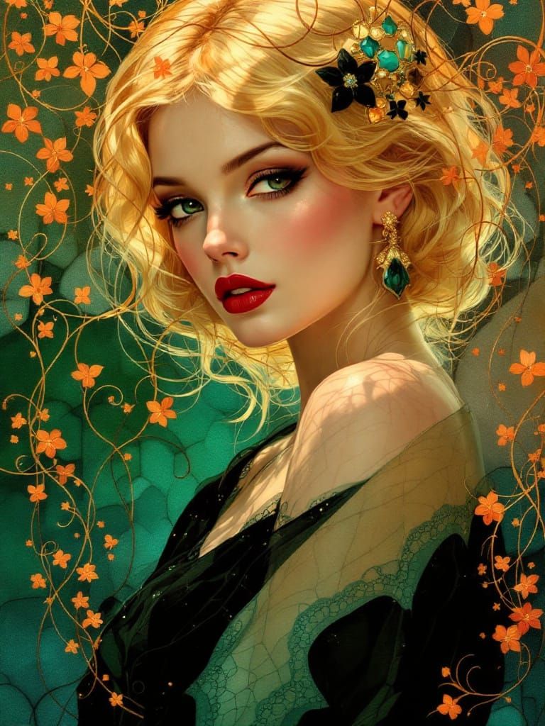 Art Nouveau Pin-Up Woman with Jewel-Toned Glow