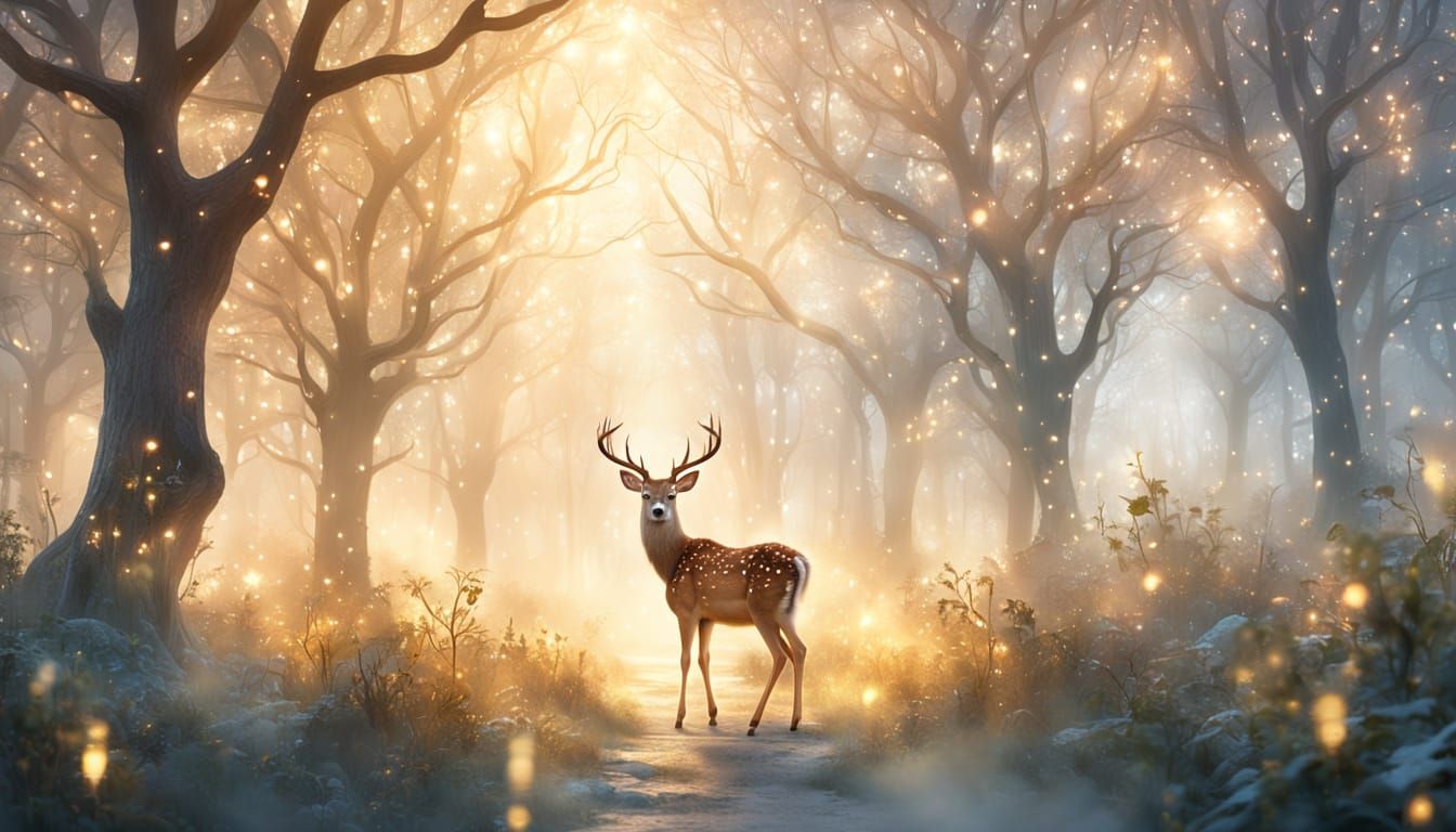 Ethereal Deer in Foggy Whimsical Forest