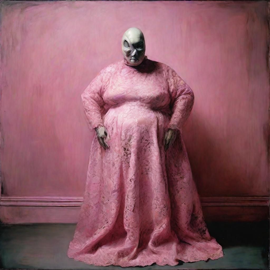 Alien in Pink Dress: Grotesque Oil Painting