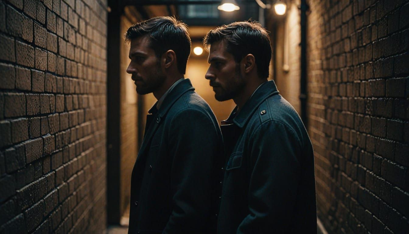 Two Men Embracing in a Dimly Lit Alleyway