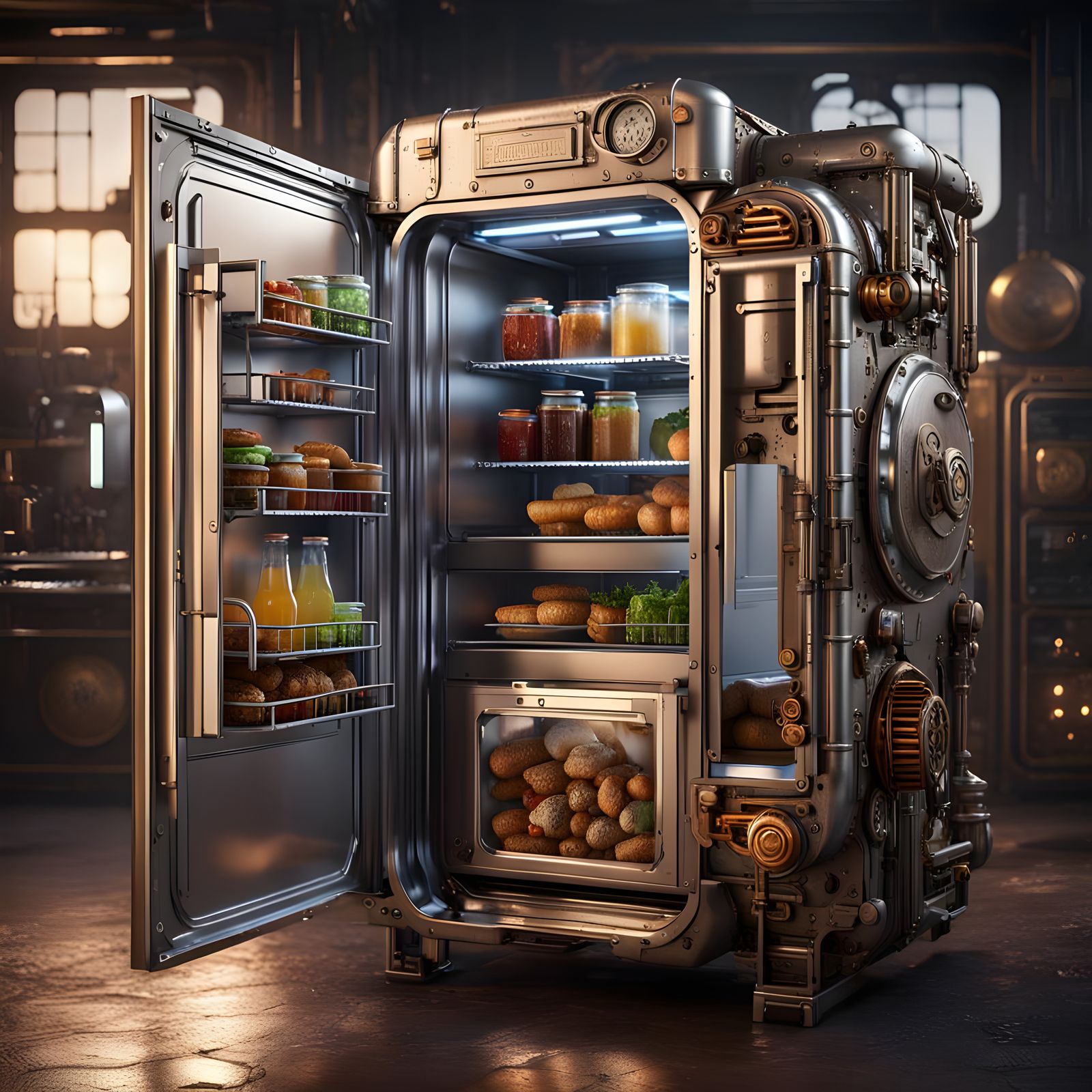Steampunk Refrigerator with Intricate Mechanical Details