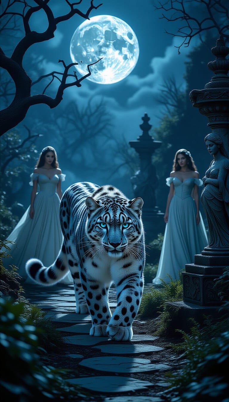 Snow Leopard in Gothic Garden: Eerie Surrealism