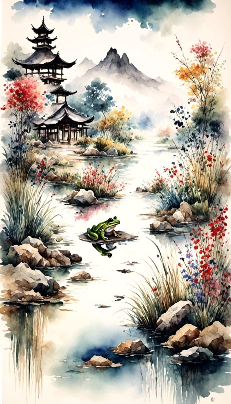 Japanese Scroll Art: Frog Leaps into Pond