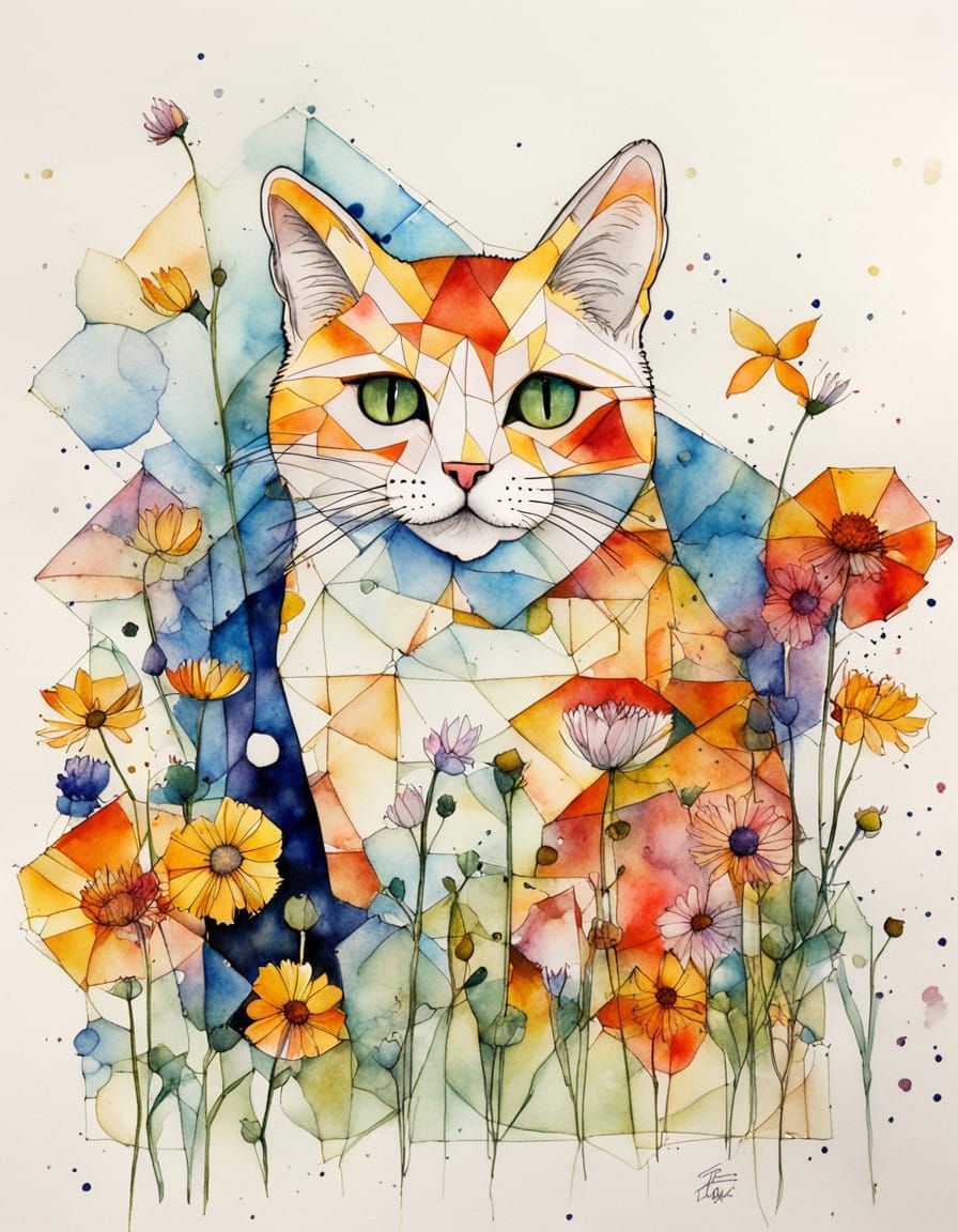 Vibrant Calico Cat Amidst Whimsical Wildflowers in Geometric...