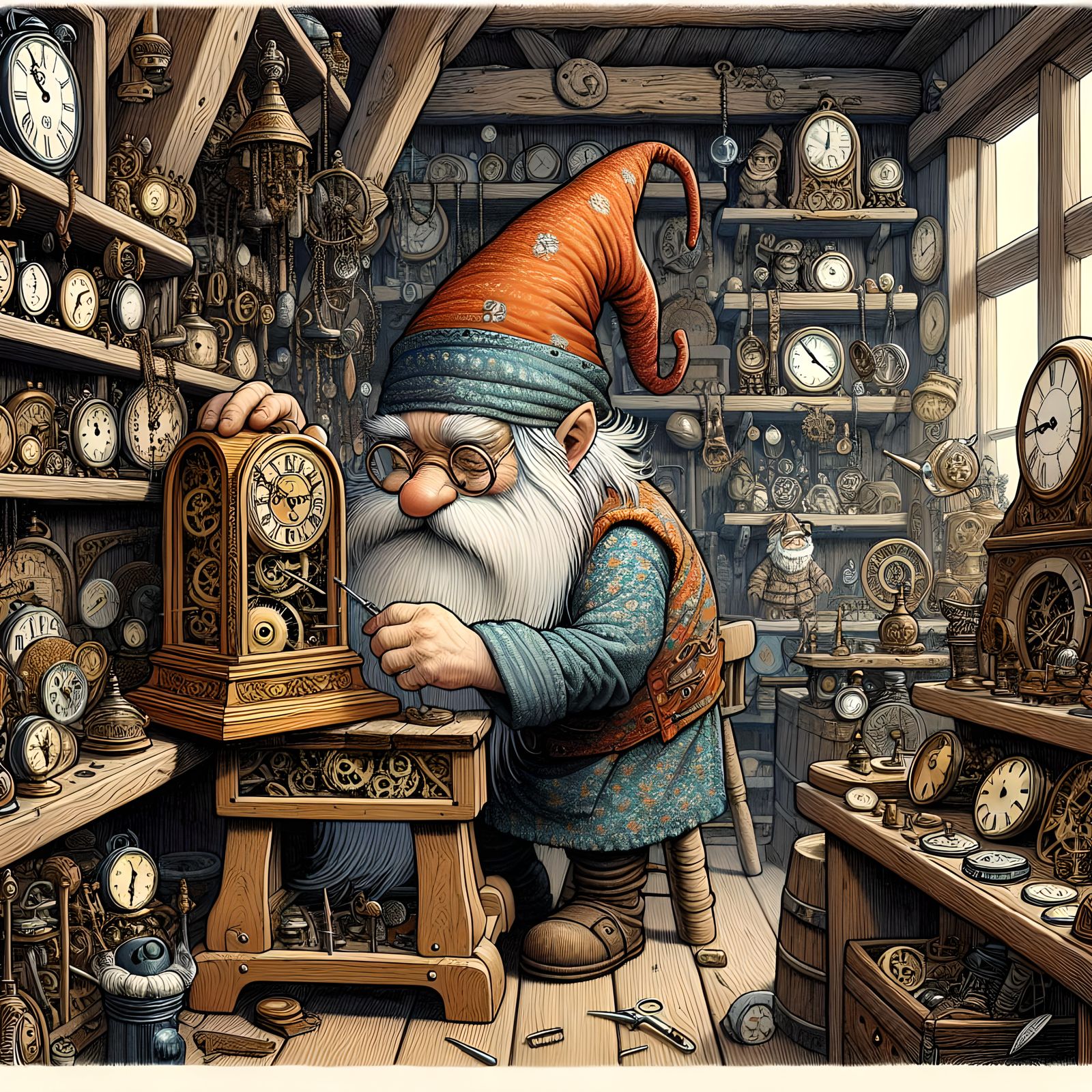 Gnome clockmaker, in the style of late 19th early 20th centu...